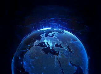 Fototapeta premium A glowing blue digital Earth, emphasizing Europe, is showcased against a dark background. Data streams radiate outwards, suggesting global connectivity and digital transformation.