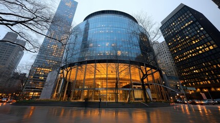 Naklejka premium Striking high-rise entrance glowing with warm lights against a dusky cityscape, framed by towering modern architecture.