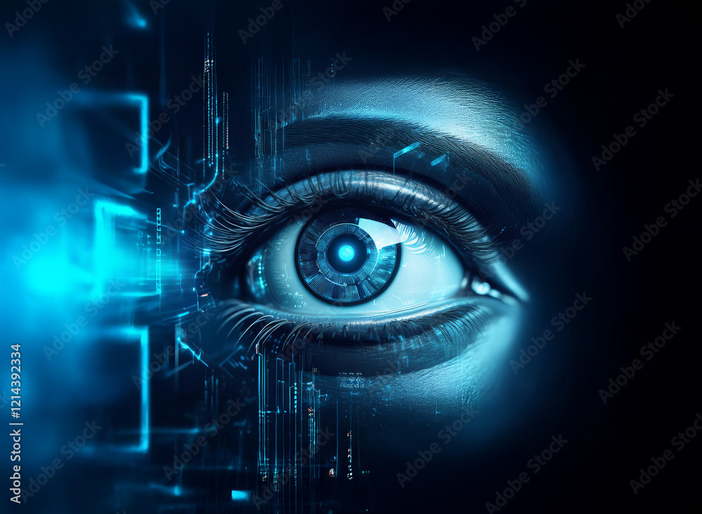 Poster a close-up of a digitally enhanced eye, merging human anatomy with glowing blue circuitry. the image