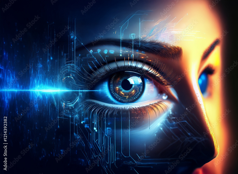 Poster a captivating close-up of a woman's eye, intricately overlaid with glowing circuitry, suggests a fus