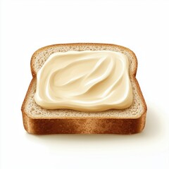 A realistic illustration of a slice of fresh bread with a thick layer of creamy spread evenly applied on top, placed on a clean white background.