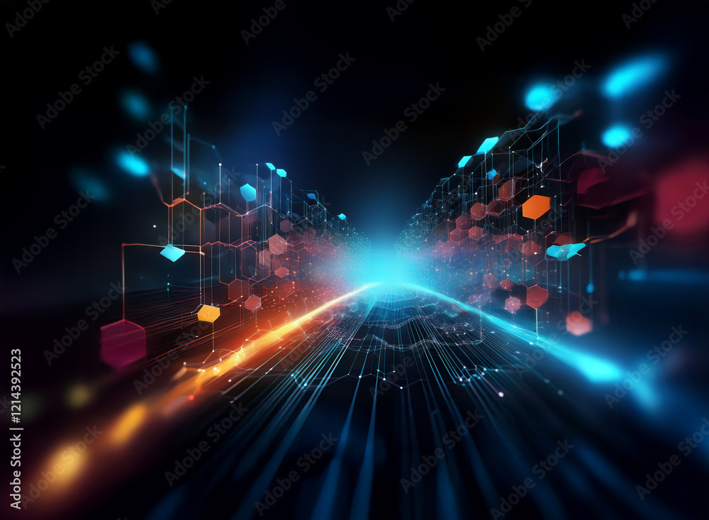 Poster abstract digital landscape with glowing hexagons and lines converging towards a bright center, sugge