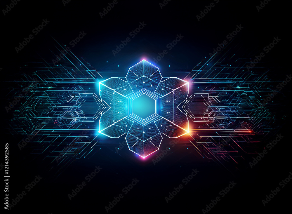 Aufkleber abstract digital art depicts a glowing, geometric flower-like symbol composed of interconnected hexa