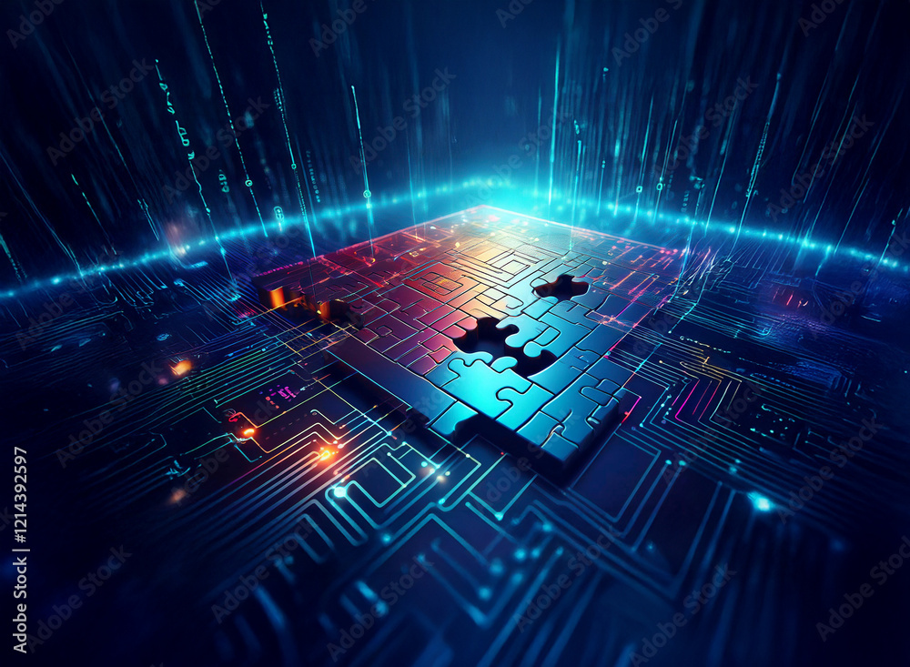 Fototapete A glowing digital puzzle sits atop a circuit board, representing technological solutions and innovative problem-solving in a futuristic setting.  Data streams illuminate the scene.