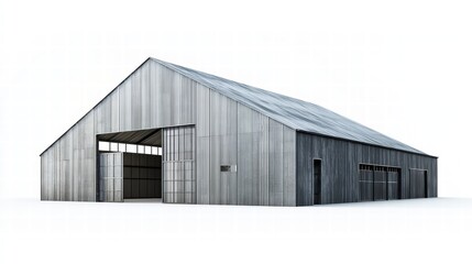 Fototapeta premium Modern Barn Exterior: A contemporary barn design with large sliding doors and weathered grey wood siding stands majestically against a bright backdrop. The architectural lines are clean and simple.
