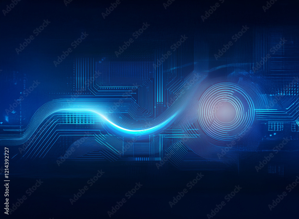 Poster Abstract digital art depicting a glowing blue circuit board with a central, concentric circle.  Suggests technological innovation and data flow.