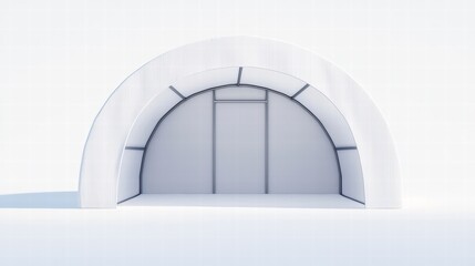 Arctic Shelter: Minimalist architectural rendering of a sleek, modern igloo-style structure, showcasing its clean lines, arched entrance, and simple design.  