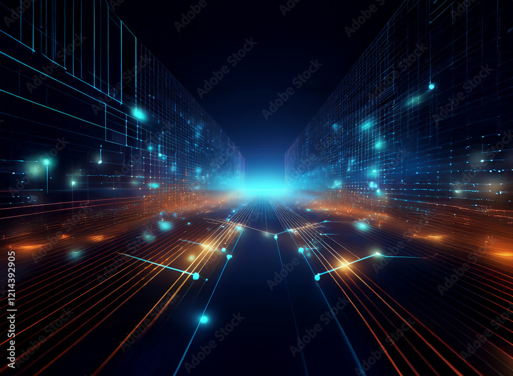 Aufkleber Abstract digital landscape, glowing pathways of interconnected nodes and circuits receding into a bright horizon.  A futuristic, technological scene.