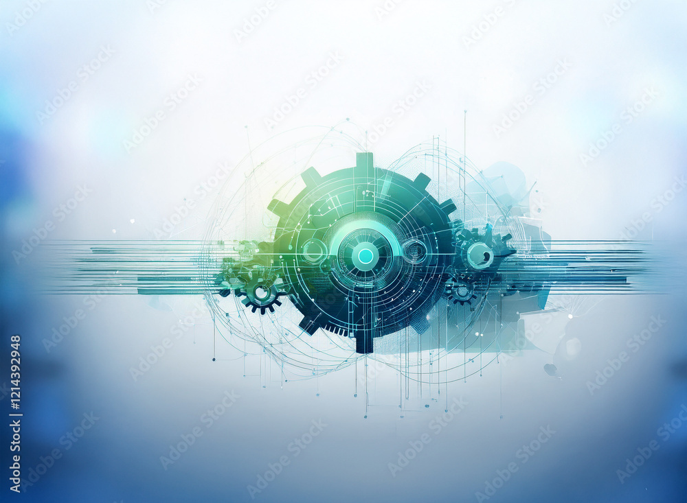 Aufkleber Abstract digital art depicting interconnected gears and circuits, conveying technological advancement and complex systems.  Cool blue and green tones create a futuristic feel.