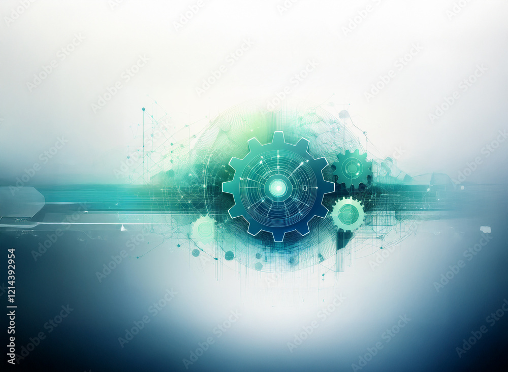 Poster Abstract teal and blue digital art depicting interconnected gears, suggesting technological innovation and precision engineering.  A blend of soft watercolor and sharp lines creates a dynamic visual.
