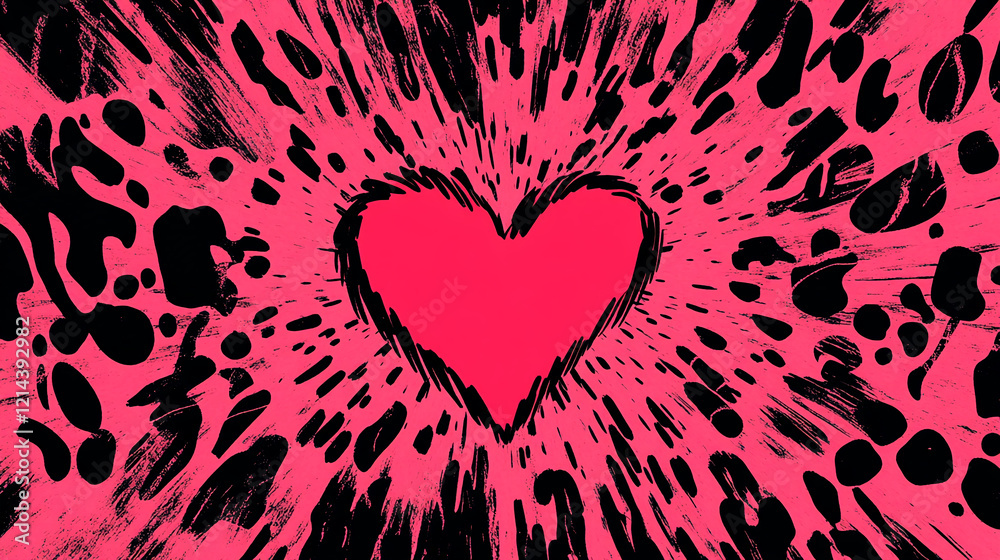 Poster Vibrant pink heart with abstract black splash pattern and artistic texture