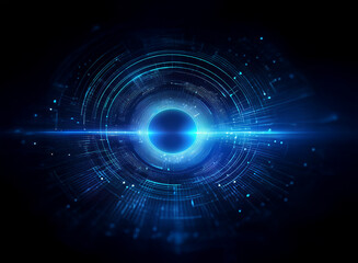 Obraz premium A mesmerizing digital eye, glowing with vibrant blue energy, surrounded by intricate technological circuitry. The core radiates light, suggesting advanced technology or futuristic surveillance.
