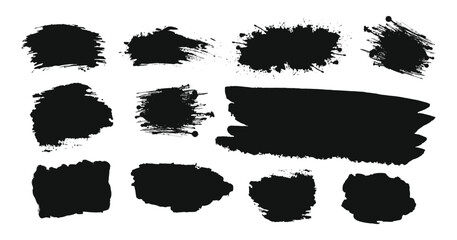 Set of vector paint brush stroke, ink splatter and artistic design elements. Dirty watercolor texture, box, frame, grunge background, splash or creative shape for social media. Abstract drawing.