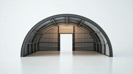 Obraz premium Arch Hangar: A sleek, modern arch hangar with a large open doorway, showcasing a minimalist industrial design. The metallic structure reflects light.