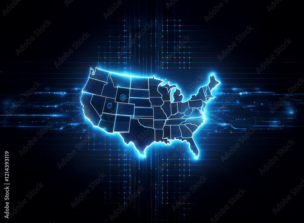 Poster Glowing digital map of the United States, showcasing a futuristic network connection across the country.  Data streams and grid patterns emphasize technological infrastructure.