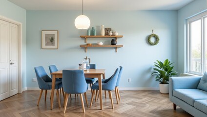 A cozy dining room with light blue walls features a wooden table surrounded by six matching blue chairs. Flanked by wooden shelves, an inviting white door completes this serene setting