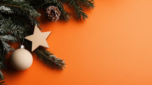 A festive arrangement featuring a wooden star ornament amidst pine branches and cones against a vibrant orange background, radiating holiday warmth.