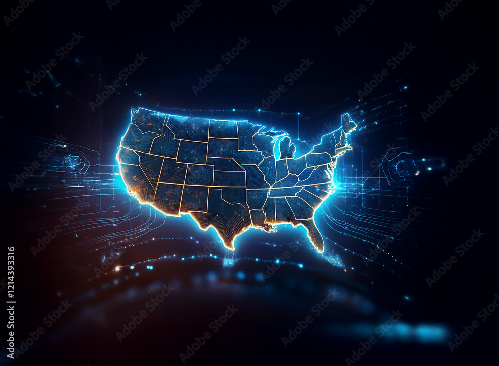 Aufkleber a glowing digital map of the united states, its states outlined in vibrant blue and orange, emerges 
