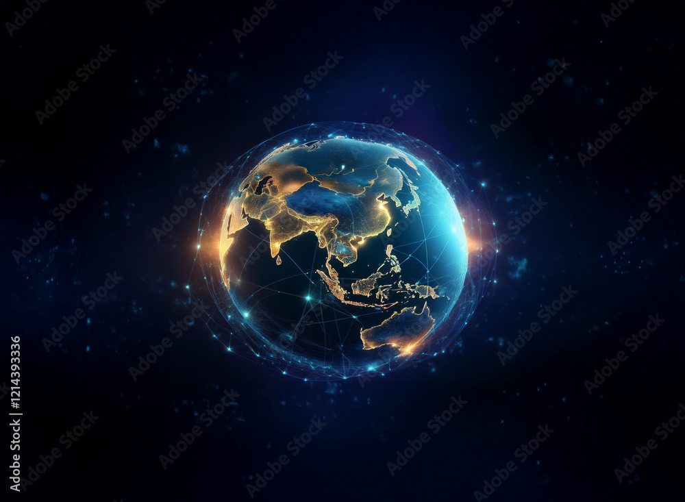 Poster a stylized earth, glowing with interconnected nodes, represents global communication and networking.