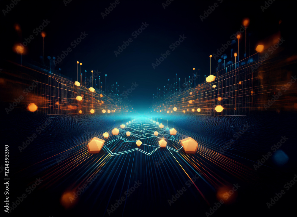 Aufkleber abstract digital landscape. glowing hexagons and lines converge in a futuristic, data-driven pathway