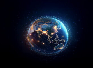 A stylized Earth globe, glowing with interconnected nodes, representing global communication and network.  The continents are visible, highlighted by points of light.