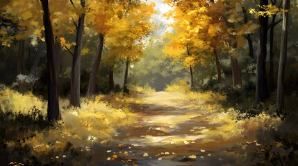 Fototapeta premium Golden Autumn Forest Path Sunlit Trees Fall Landscape