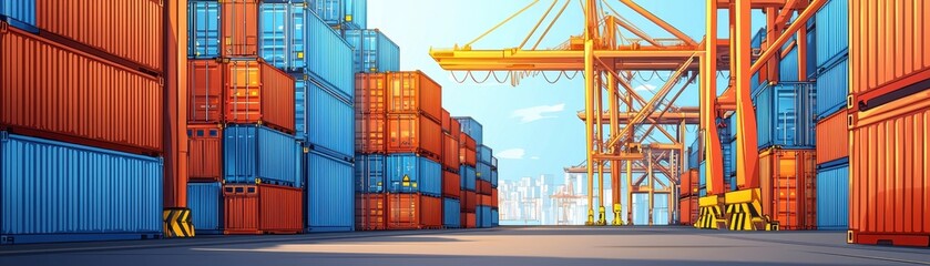Fototapeta premium Cargo Shipping Port Rows of Colorful Shipping Containers and Cranes
