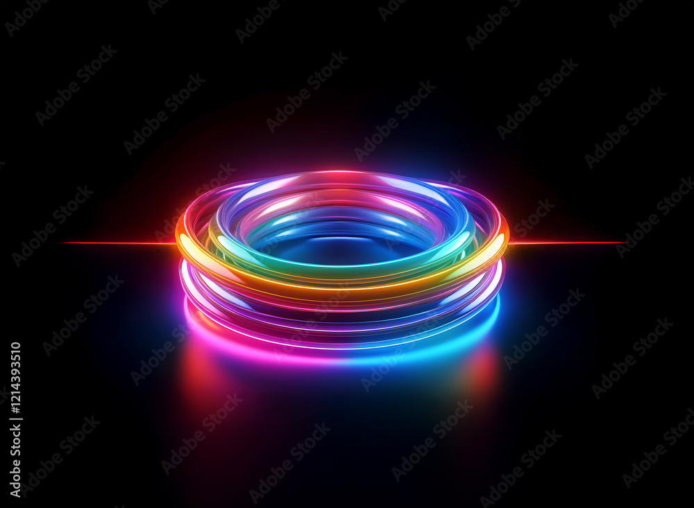 Aufkleber vibrant, concentric neon rings glow brightly against a stark black background, reflecting light on a