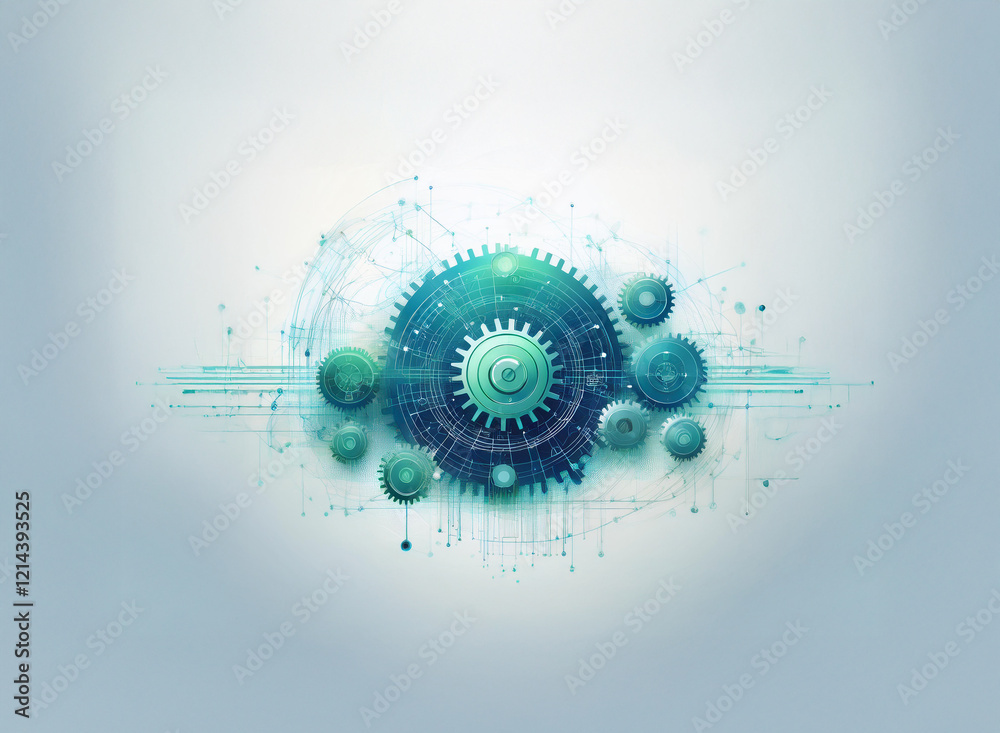Aufkleber abstract teal and blue gears interlock, forming a complex technological network against a soft gray 