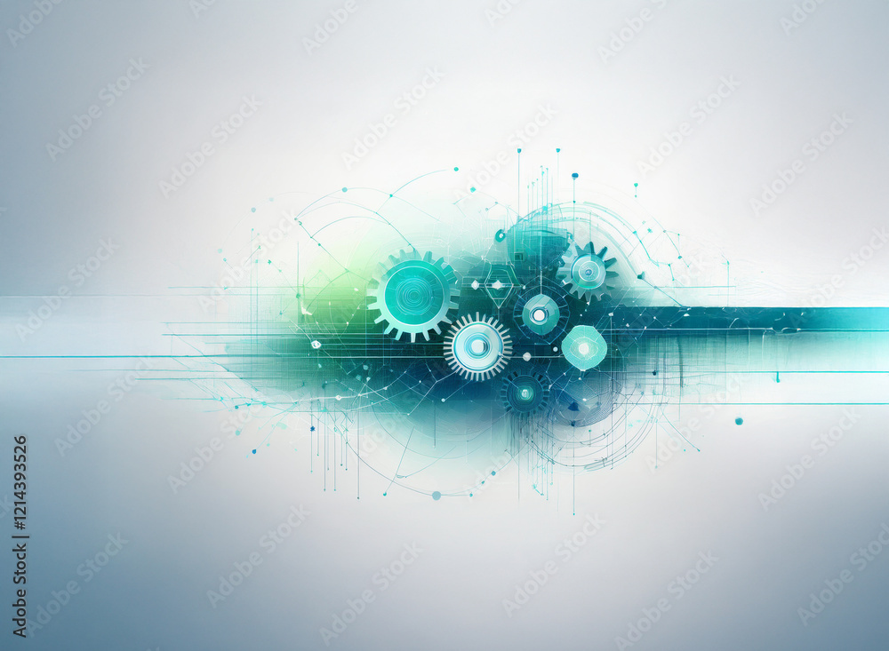 Aufkleber Abstract digital illustration of interconnected gears and network nodes, suggesting technological synergy and complex systems.  The color palette is cool-toned, emphasizing a sense of technological ad