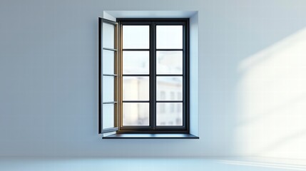 Fototapeta premium Sunlit Window in Empty Room: A minimalist image of a dark framed window slightly ajar, letting in soft sunlight into an otherwise empty room, creating a sense of calm and potential. 