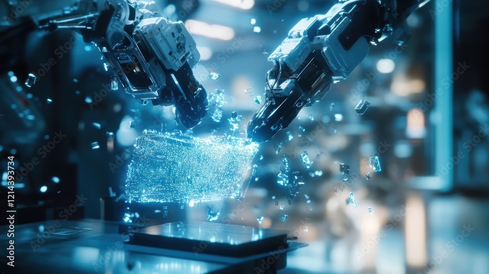 Poster two robotic arms are manipulating a luminous digital object, assembling it from glowing particles wi