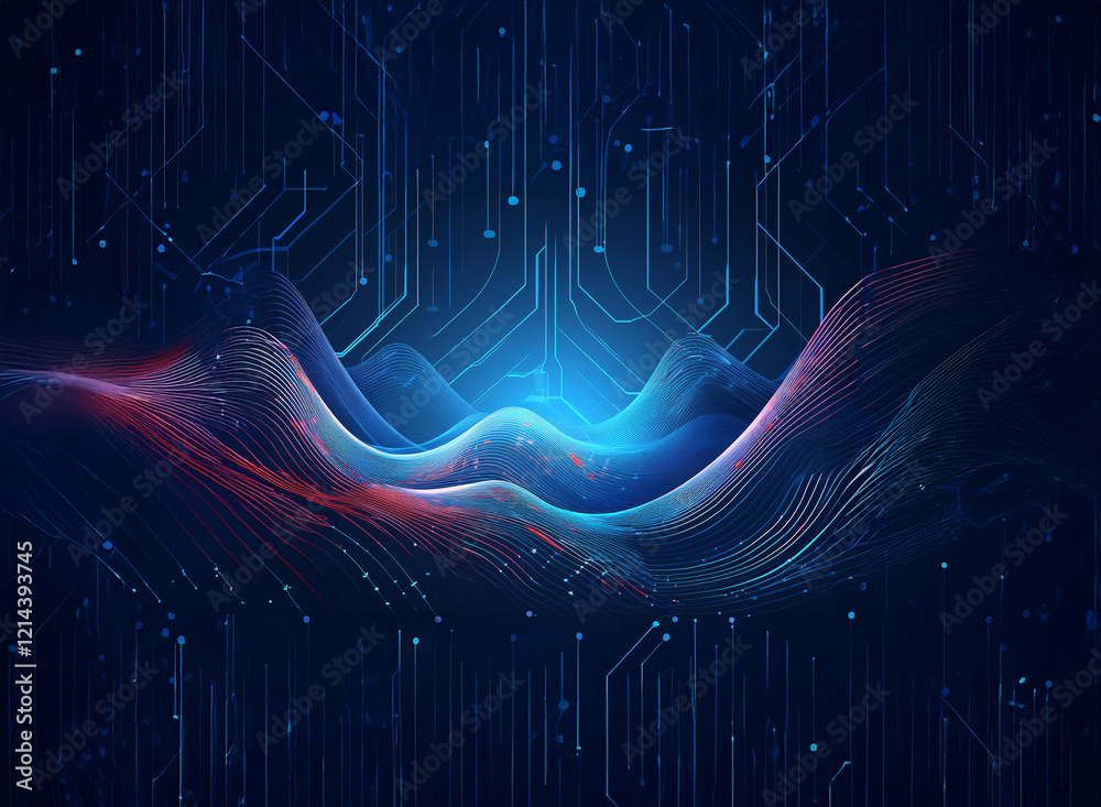 Poster abstract digital landscape with flowing, luminous waves interwoven with circuit board patterns. cool