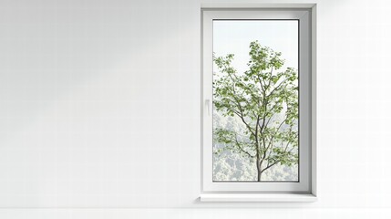 Obraz premium Window View of Nature: A minimalist composition featuring a white window frame with a view of a leafy green tree in the background.