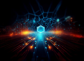Obraz premium Abstract digital art depicting a glowing hexagonal structure at the center of a futuristic, network-like landscape with vibrant streaks of light.