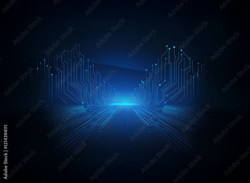 Poster abstract digital art depicting a glowing blue pathway resembling a circuit board, leading into a dar