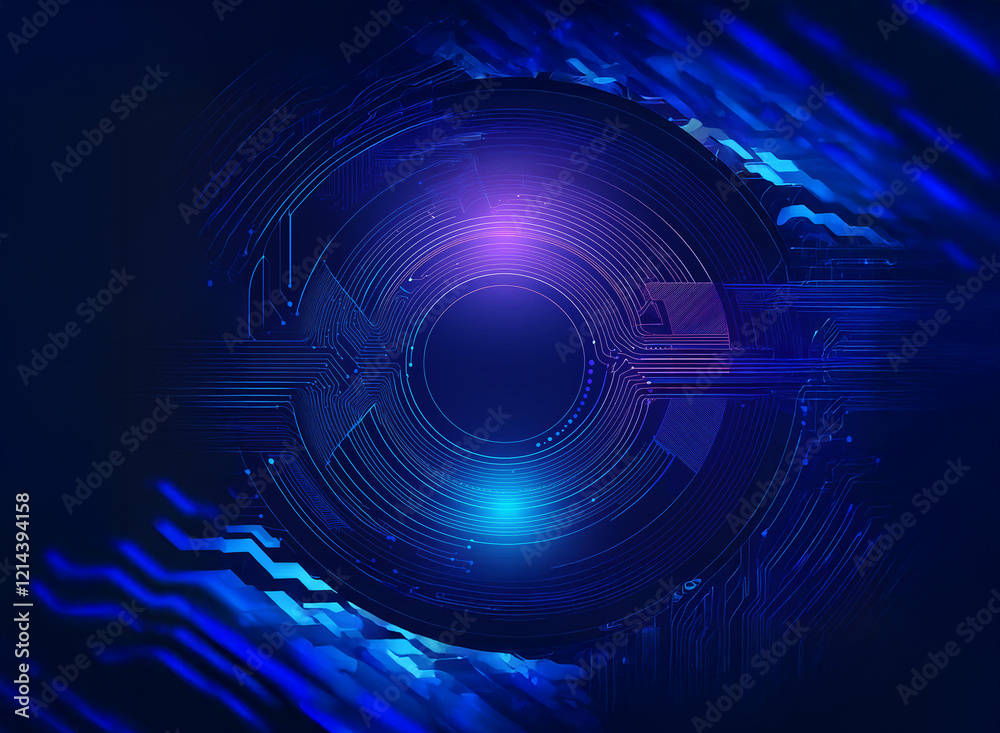 Poster Abstract digital art depicting a glowing circular mechanism with technological elements.  Intricate circuitry and vibrant blue hues create a futuristic, high-tech aesthetic.