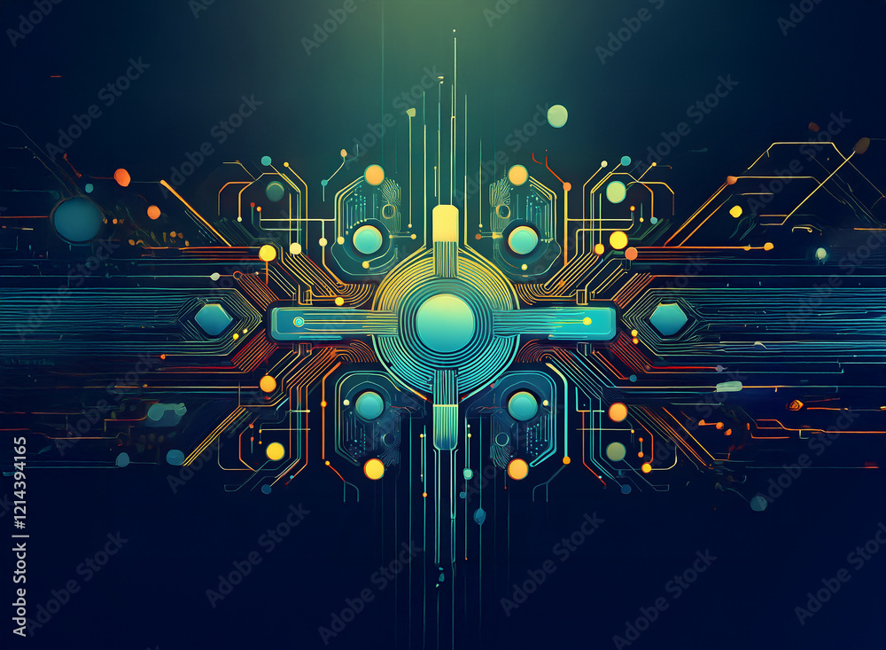 Aufkleber Abstract digital artwork depicting a futuristic circuit board.  Vibrant teal, orange, and yellow hues illuminate the intricate network of glowing lines and nodes.  The central component is a symmetric