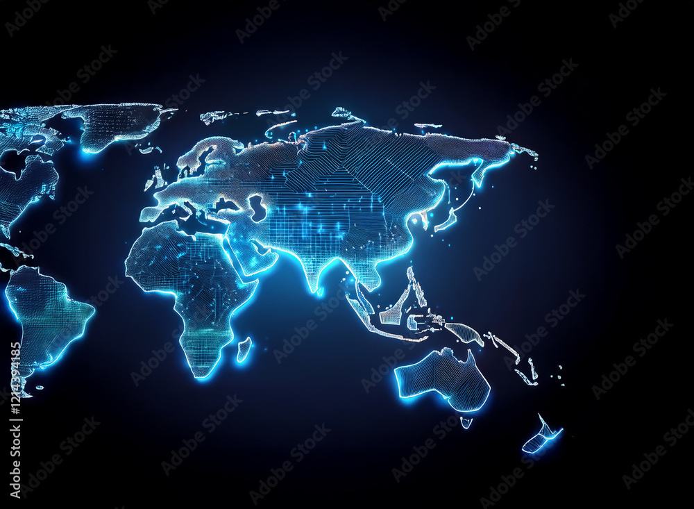 Poster glowing blue lines trace a world map, highlighting global connectivity and technological advancement