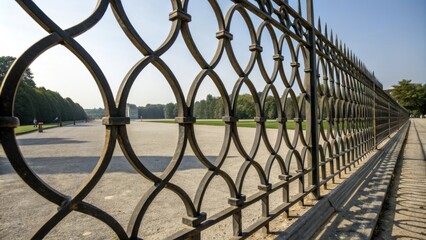 An elegant iron fence featuring interlocking curved shapes in a classical geometric design, elegant iron, curved patterns, architectural embellishments, classical design