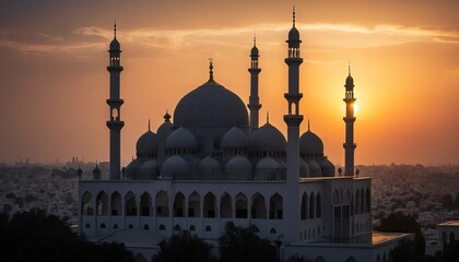 Grand mosque silhouette at sunset, capturing a peaceful and spiritual moment, ideal for Islamic-themed artwork or religious and cultural designs with a scenic atmosphere.
