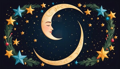 Naklejka premium Artistic crescent moon illustration with stars and a dreamy face on a blue background, perfect for Islamic or spiritual-themed compositions with a whimsical and celestial touch. 