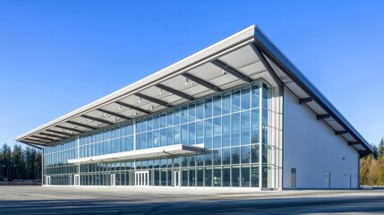 Obraz premium Modern Industrial Building: A sleek, contemporary industrial building boasts expansive glass facades, showcasing its modern architecture and clean lines under a brilliant blue sky.