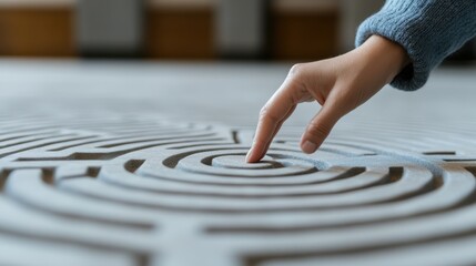 A hand delicately traces a finger through black-and-white labyrinth patterns, enticing a sense of exploration and mindfulness.