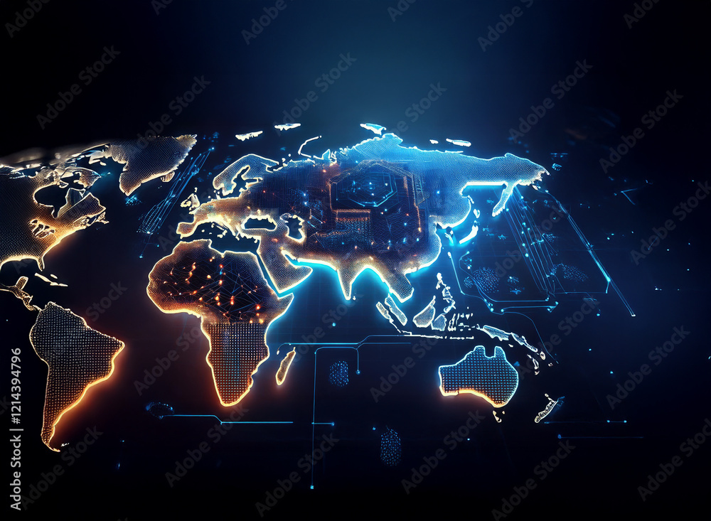 Poster a glowing world map etched onto a circuit board, symbolizing global digital connectivity and technol