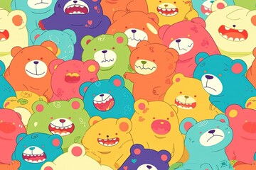Colorful cartoon bears crowd together happily