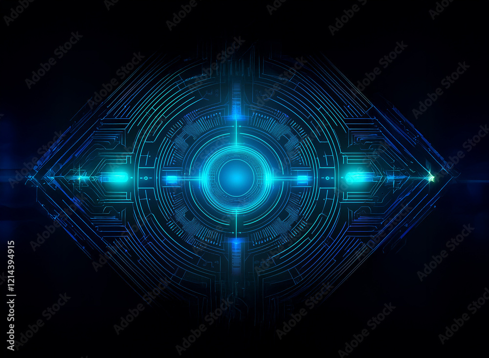 Poster abstract digital art depicting a futuristic, glowing blue eye-like mechanism. intricate circuitry an
