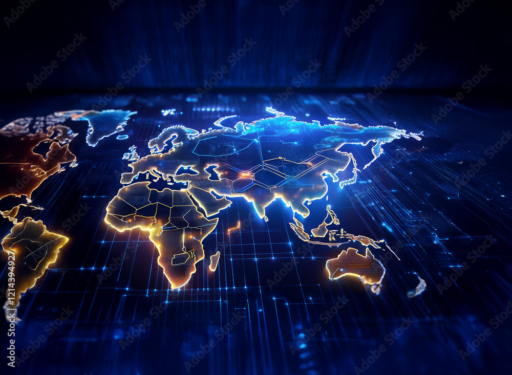 Fototapete a glowing digital world map, showcasing global interconnectedness through vibrant lines and nodes. t