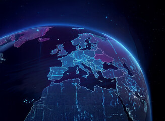 Naklejka premium A digitally enhanced image depicts the Earth, with Europe highlighted in glowing purple and blue lines, against a dark space background. The continent's borders are clearly defined by the light.