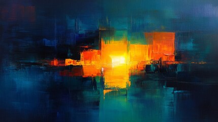 Vibrant Abstract Oil Painting with Bold Orange and Teal Hues